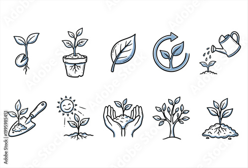 Plant Growing Icon Set – Hand Drawn Growth Nature Vector
