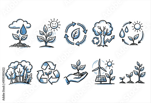 Plant Growing Icon Set – Hand Drawn Growth Nature Vector
