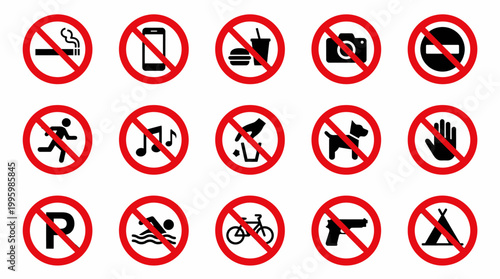 Vector Icons Collection of Prohibition Signs and Warning Icons Set. Vector Illustrations. EPS Editable