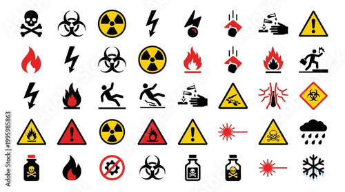 Vector Icons Collection of various hazard warning and safety icons. Vector Illustrations. EPS Editable