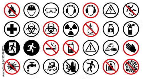 Vector Icons Collection of various industrial safety signs and hazard warning symbols. Vector Illustrations. EPS Editable