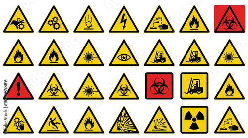 Vector Icons Collection of various industrial hazard and safety warning signs. Vector Illustrations. EPS Editable