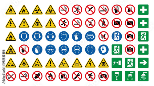 Vector Icons Comprehensive collection of industrial safety signs and hazard warning symbols. Vector Illustrations. EPS Editable