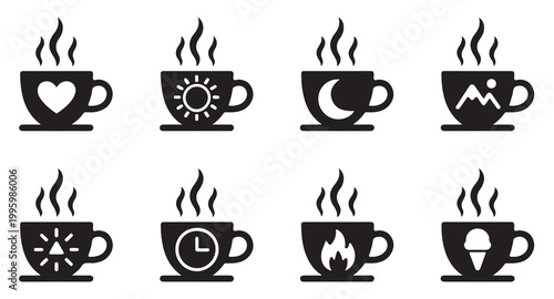 Icons of coffee mugs depicting different times of day moods weather and food preferences.