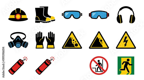Vector Icons Industrial safety and mining equipment hazard sign icons set. Vector Illustrations. EPS Editable