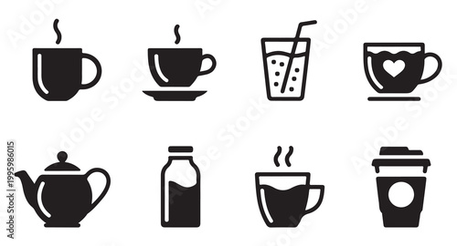 Assorted drink and beverage icons including mugs teapot bottle glass and disposable coffee.