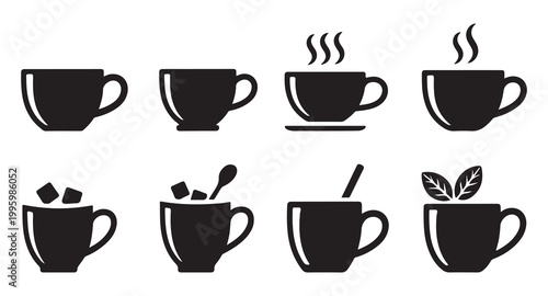 Minimalist coffee cup preparation icons showing cubes spoon stirring and herbal tea leaves.