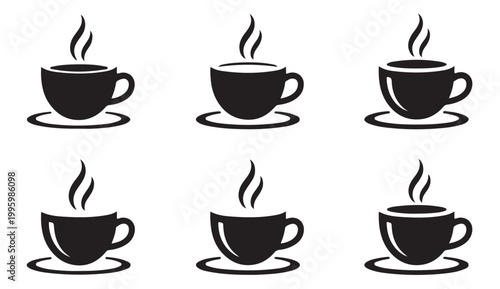 Six classic coffee cups with saucers and steam for hot drinks on white background.