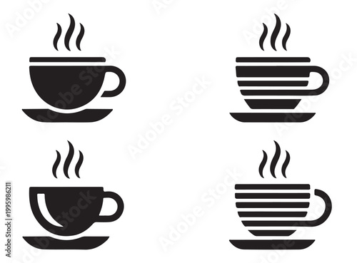 Set of four steaming coffee cups with different saucer styles and decorative line designs.