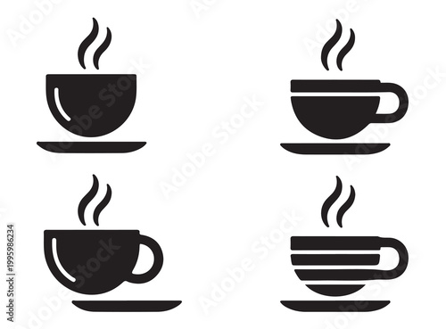 Graphic set of four coffee cup icons with steam and minimalist saucer design for websites.