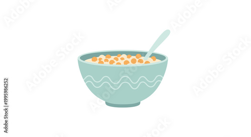Colorful bowl of cereal with spoon, breakfast food illustration