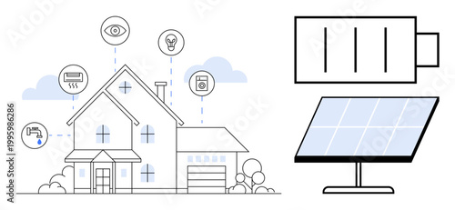 Renewable energy, home automation, smart security, energy efficiency, sustainable living, green technology. A house with icons of connected devices and a solar panel. Renewable energy and home