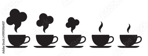Five black coffee cups with stylized steam, decreasing intensity vector icons.