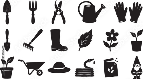 Collection of various garden tools and elements for outdoor planting and maintenance activities