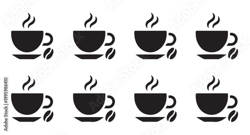 Eight black coffee cups with steam and coffee beans vector icons, two rows.