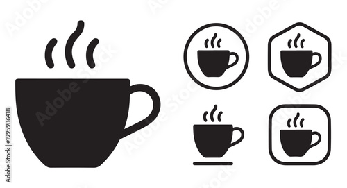 Coffee cup icon set with steam effect in various geometric frames for cafe branding art.