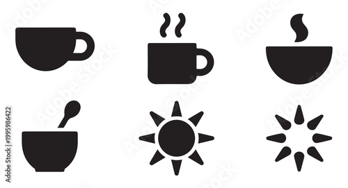 Set of coffee cup icons and sun symbols in flat black design for food and drink menus.
