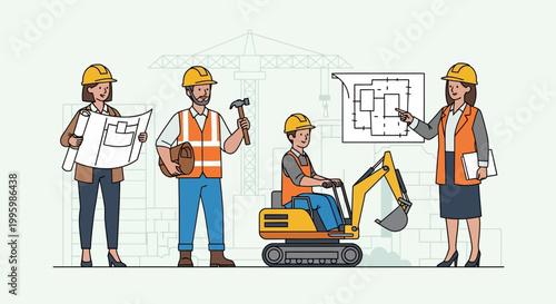 Diverse construction site team working on building project planning and engineering illustration.