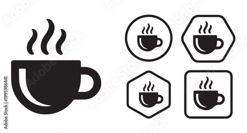 Coffee cup icon set with steam and internal details in diverse geometric frames design.