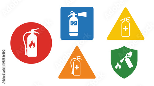 Vector Icons Set of colorful fire extinguisher safety icons and warning signs. Vector Illustrations. EPS Editable