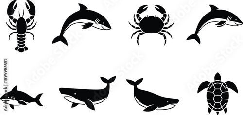 Black silhouettes of sea creatures, including lobsters, dolphins, crabs, sharks, whales, and turtles