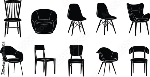 Chair silhouettes set collection of modern and classic furniture designs black icons for interior seating vector illustration isolated on light background