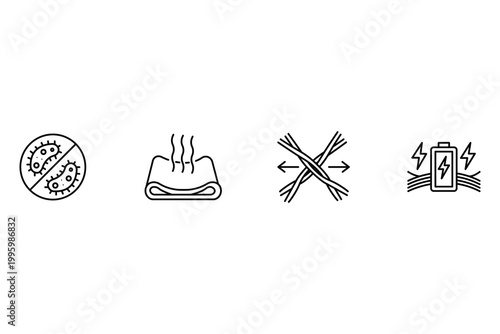 Fiber technology and textile innovation icon set featuring antibacterial fabric breathable material stretchable fibers and energy harvesting smart textiles.