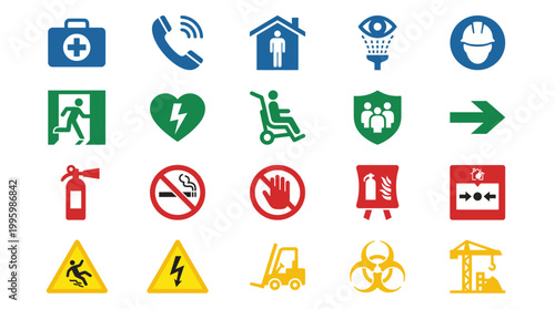 Vector Icons Set of Colorful Safety and Emergency Icons. Vector Illustrations. EPS Editable