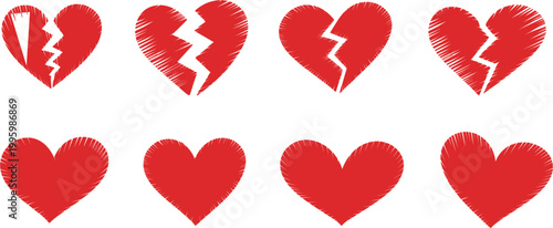Broken and whole heart icons set, red love symbols collection, sketch style vector illustration
