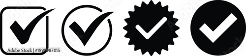 Collection of four different black checkmark icons symbolizing approval and confirmation isolated on transparent background
