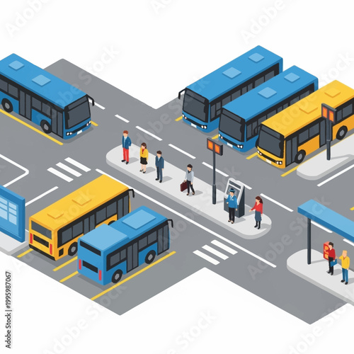 Isometric view of a busy bus station with people and vehicles.