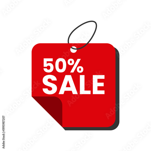 Red 50 Percent Off Sale Tag Sticker Icon and Discount Label
