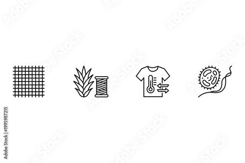 Fiber technology and textile innovation icon set featuring wood pulp processing clothing layers synthetic polymer materials and sustainable fabric manufacturing.