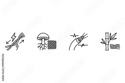 Fiber technology and textile innovation icon set featuring orange peel based fabric synthetic polymer materials and sustainable fabric manufacturing vector illustration.