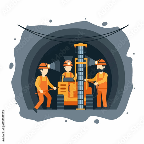 Miners operating drilling equipment inside a mine shaft.