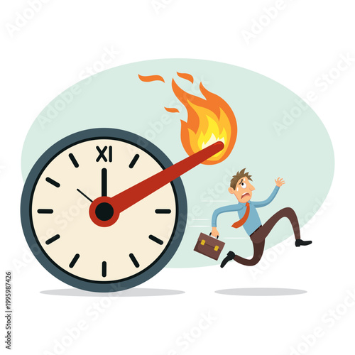 Stressed Employee Running From Burning Clock.