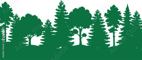 Diverse collection of green tree silhouettes creates a dense forest landscape background illustration