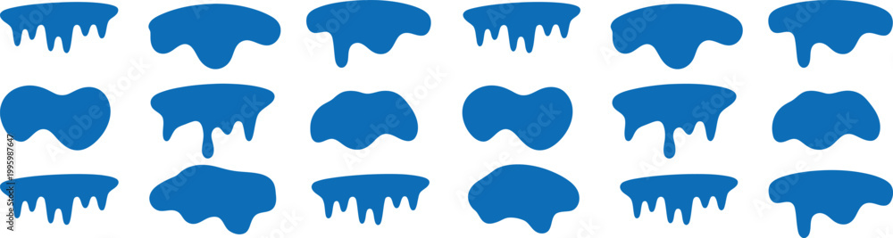 Fototapeta premium Dripping paint shapes vector set featuring blue liquid drips and splashes in various abstract forms for creative design elements