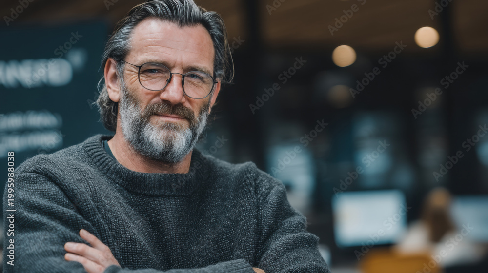 Fototapeta premium Confident mature researcher portrait with crossed arms in modern office laboratory setting. Professional concept for science, innovation, expertise, leadership, and intellectual success.