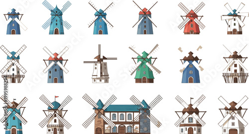Traditional windmill vector collection with vintage rural mills countryside architecture and historic European buildings flat illustration set