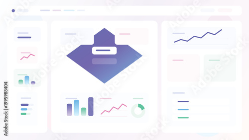 Business dashboard interface with diamond gradient centerpiece charts metrics reports and clean pastel admin panel data visualization layout