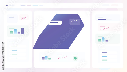 Analytics dashboard with angled geometric centerpiece chart card reports widgets and clean pastel admin interface modern layout design