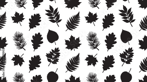 Monochromatic pattern of assorted forest tree leaves and pine needles isolated on a white background