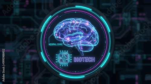 Biotech neural network and brain illustration symbolizing advancement in biotechnology and science