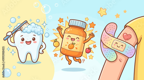 Whimsical Animated Vector Scene Illustrating Fundamental Wellness Practices for Good Health and Personal Care Education