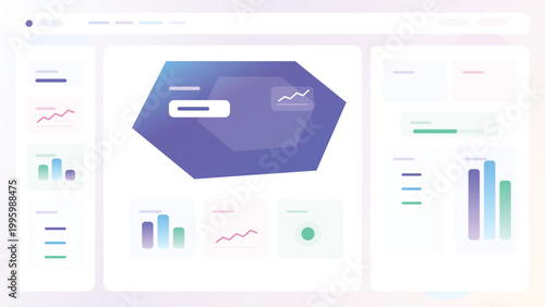 Modern analytics dashboard with hexagon centerpiece chart widgets reports metrics and clean pastel admin interface business layout design