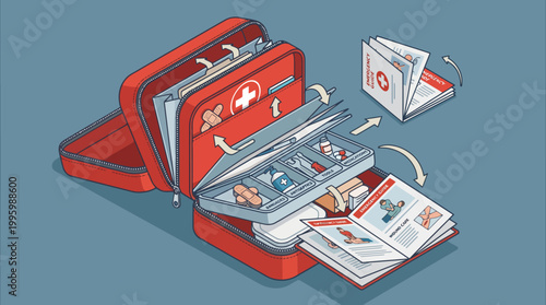 Open red first aid kit with medical supplies and instructions, illustrating emergency preparedness and safety at home or on the go