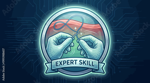 Expert Skill Badge Illustration Depicting Hands Suturing, Emphasizing Medical Precision, Healthcare Mastery, and Advanced Procedural Competence