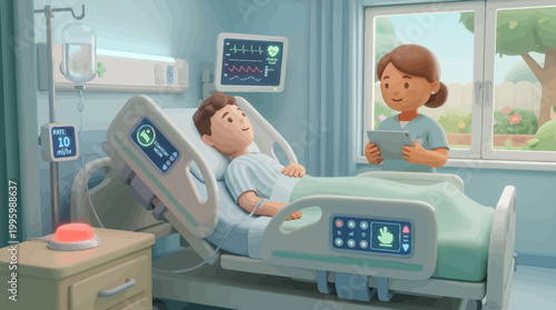 Animated illustration of a male patient resting in a hospital bed with a nurse providing care and monitoring his vital signs through advanced medical equipment