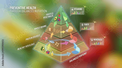 Vibrant motion graphics presentation of a dietary pyramid, detailing essential food categories and their role in maintaining preventive health through balanced nutrition and wellness